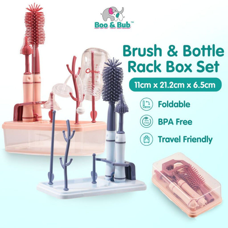 Boo & Bub Brush and Bottle Rack Box Set Soft Silicone Milk Bottle Brush 360° Rotating Handle Baby Bottle Rack Set