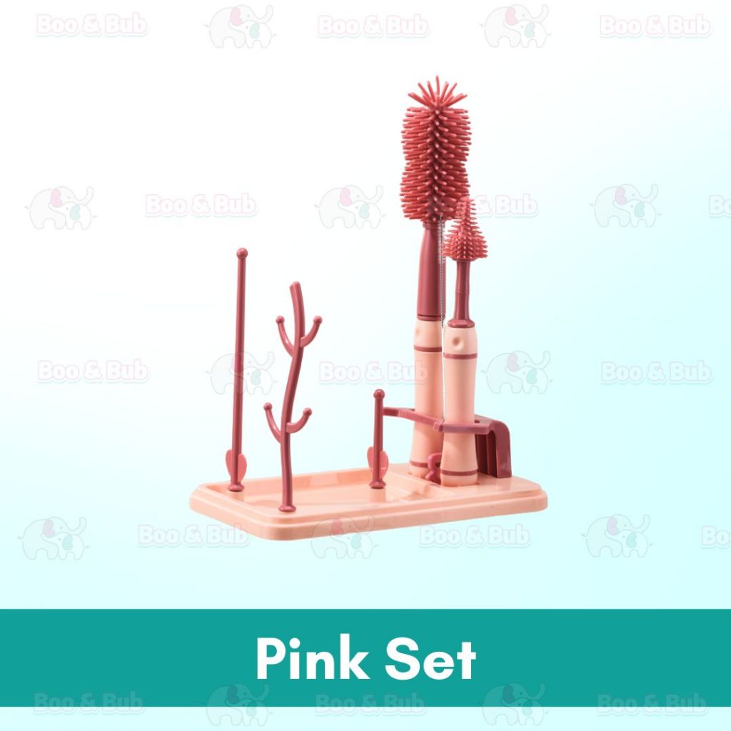 Boo & Bub Brush and Bottle Rack Box Set Soft Silicone Milk Bottle Brush 360° Rotating Handle Baby Bottle Rack Set - Boo & Bub