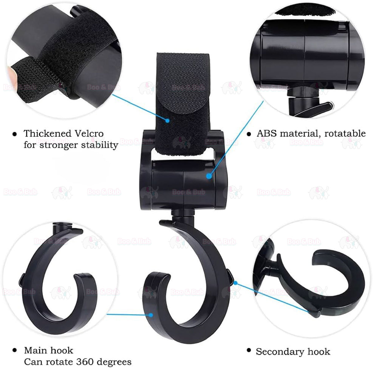 2PCS Baby Stroller Hooks | Pram Rotate 360 Diaper Bag Hanger Baby Kids Activity Gear Stroller Accessories - Boo & Bub