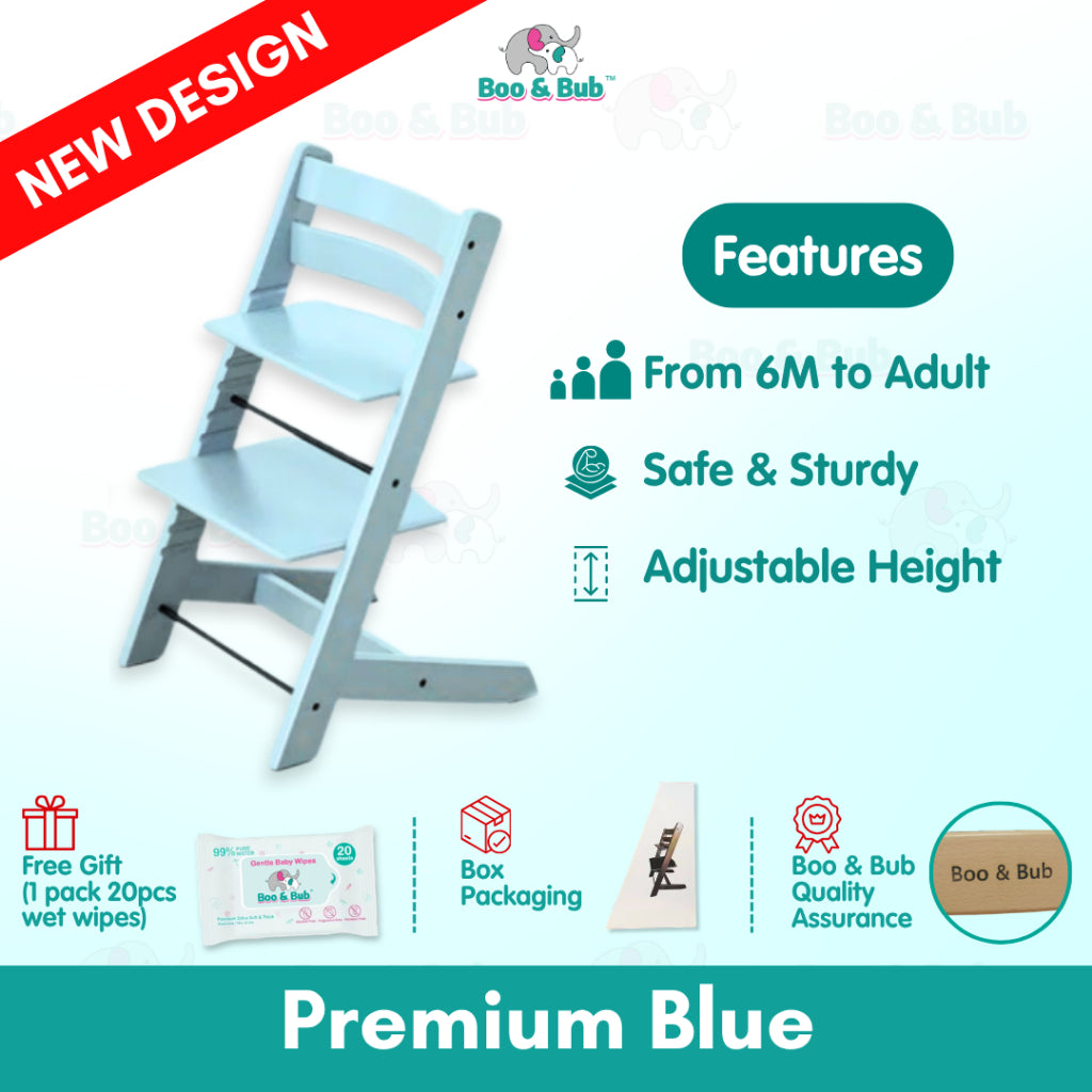 Nordic Design Wooden Children Baby High Chair | Height Adjustable Solid Wood Highchair for Kids Feeding Dining - Boo & Bub