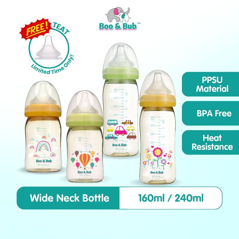 Boo&Bub 160ml/240ml PPSU Milk Bottle Wide Neck | Botol Susu BPA Free Teat Nipple Anti-colic Puting