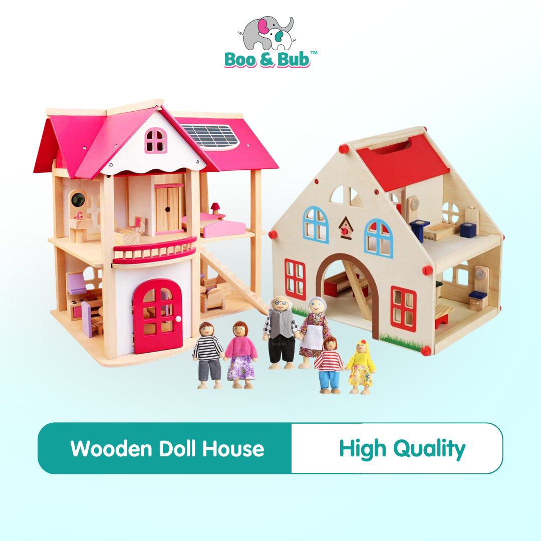 Boo&Bub Kids Pretend Play Toys Pink Wooden Dollhouse Wooden Dolls House Toys for Girls Princess Furniture set - Boo & Bub