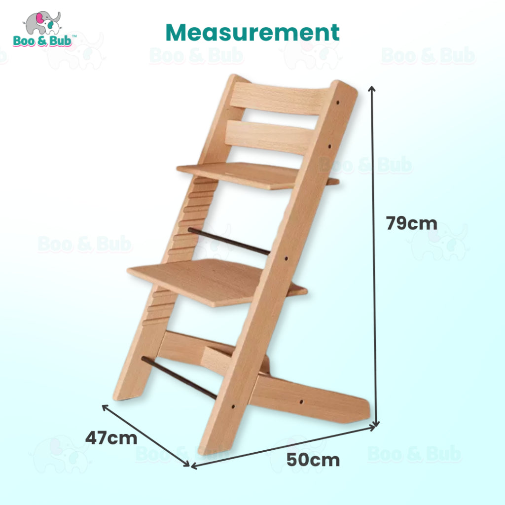 Nordic Design Wooden Children Baby High Chair | Height Adjustable Solid Wood Highchair for Kids Feeding Dining - Boo & Bub