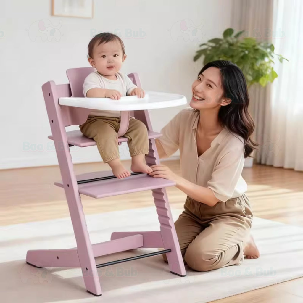 Nordic Design Wooden Children Baby High Chair | Height Adjustable Solid Wood Highchair for Kids Feeding Dining - Boo & Bub