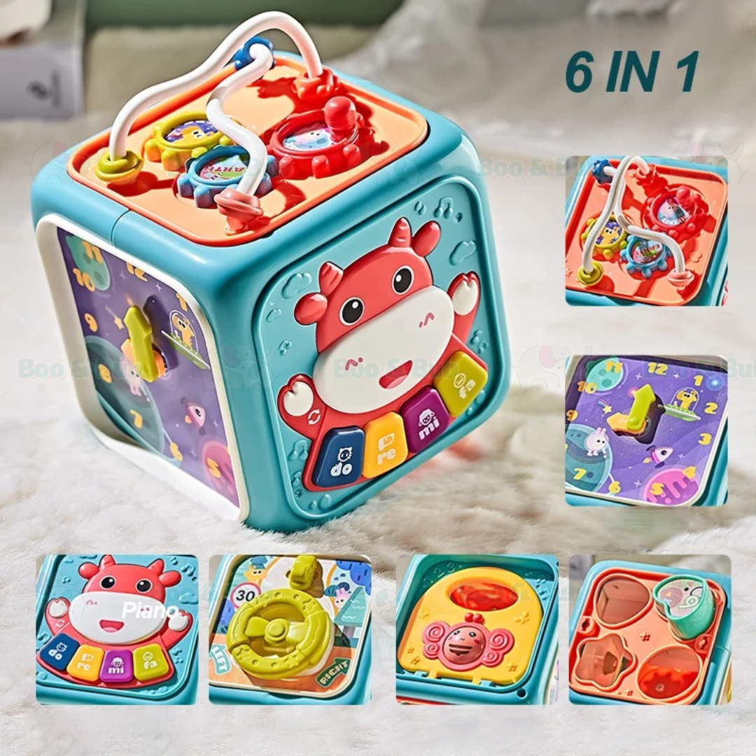 Boo&Bub Baby Activity Cube | 6 Sided Musical Shape Sorting Matching Box Cube Toy - Boo & Bub