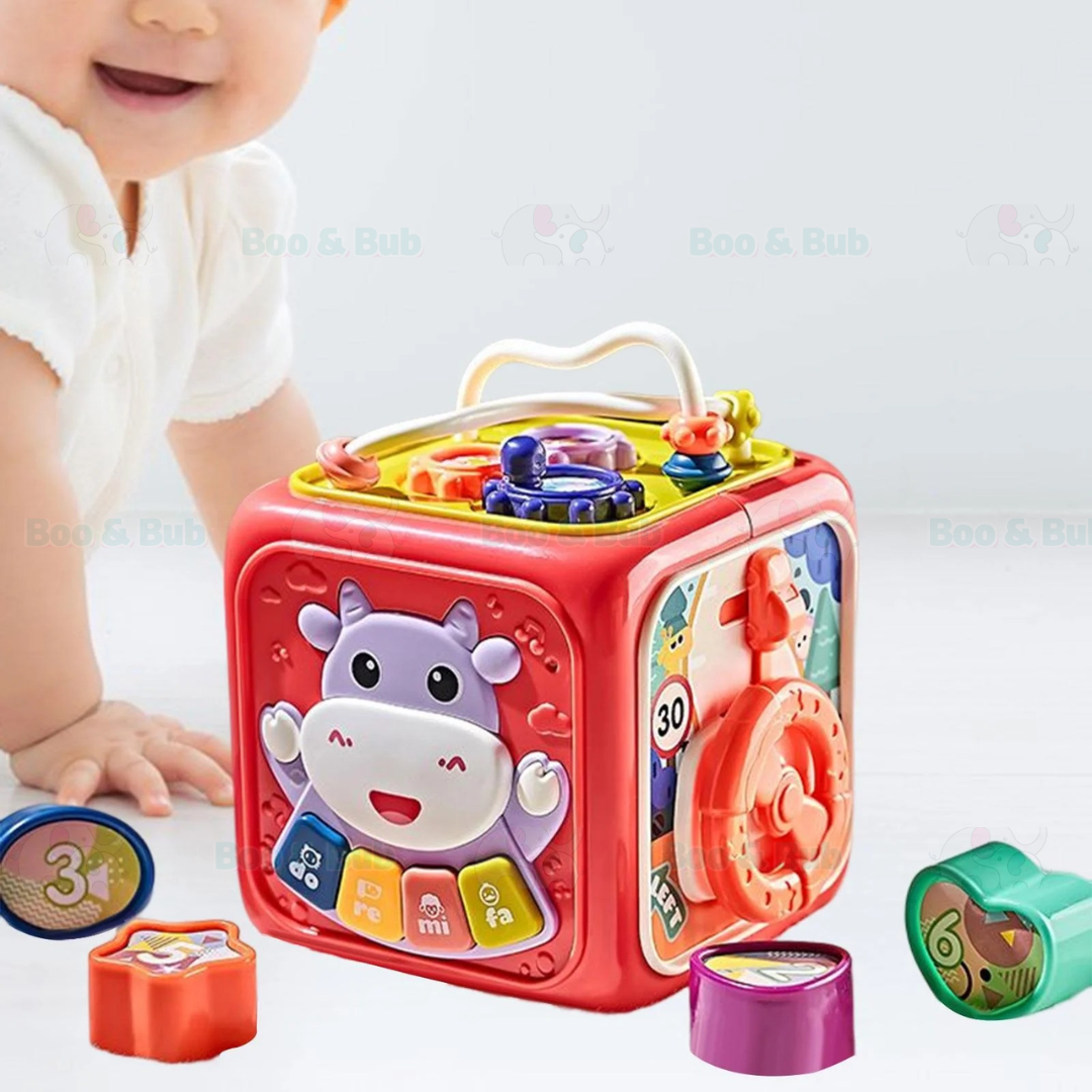 Boo&Bub Baby Activity Cube | 6 Sided Musical Shape Sorting Matching Box Cube Toy - Boo & Bub