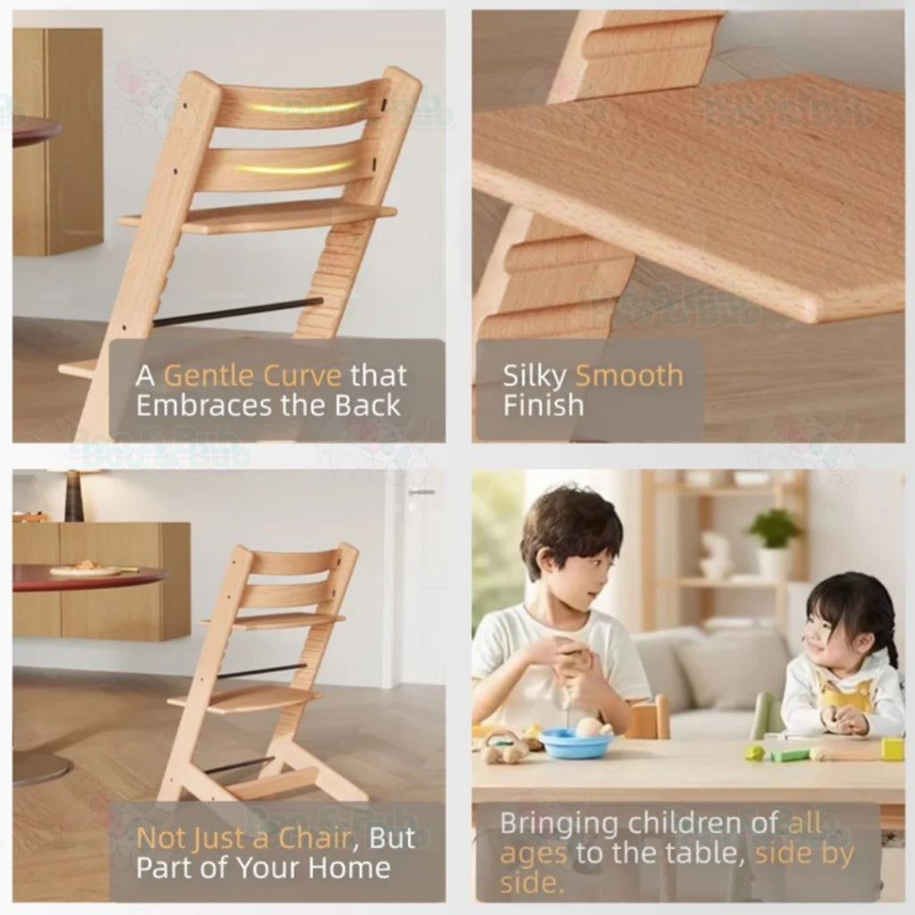 Nordic Design Wooden Children Baby High Chair | Height Adjustable Solid Wood Highchair for Kids Feeding Dining - Boo & Bub