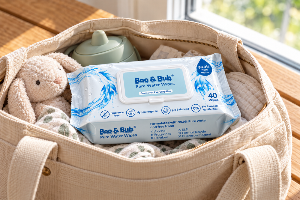Boo & Bub 40-wipe pack with printed side panel, inside an everyday bag