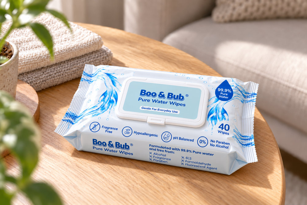 Boo & Bub 40-wipe pack with printed side panel, resting on a home table