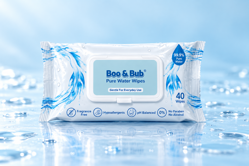 Boo & Bub Pure Water Wipes, 40-wipe pack on a pale blue surface