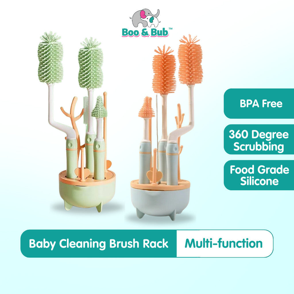 3 Pcs Baby Feeding Bottle Cleaning Brushes Set | Rotary Handle Milk Bottle Washing Nipple Cleaner Soft Silicone - Boo & Bub