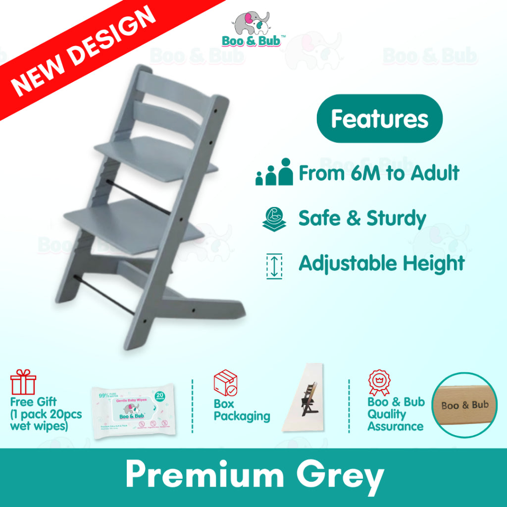 Nordic Design Wooden Children Baby High Chair | Height Adjustable Solid Wood Highchair for Kids Feeding Dining - Boo & Bub