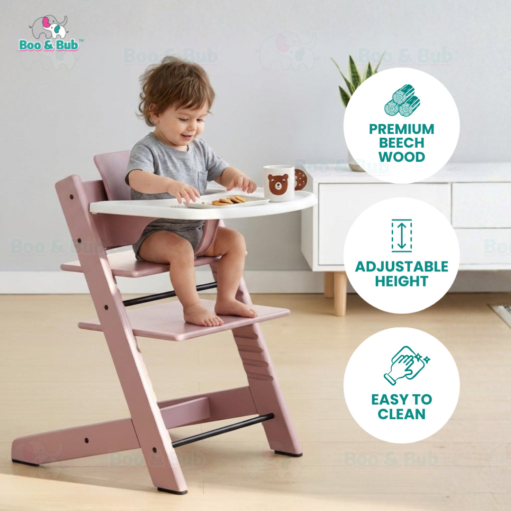 Nordic Design Wooden Children Baby High Chair | Height Adjustable Solid Wood Highchair for Kids Feeding Dining - Boo & Bub