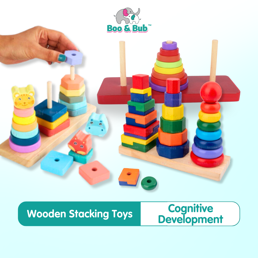 Boo&Bub Wooden Stacking Toys Rainbow stacking Ring Stacker Wooden Tower Hanoi Tower Montessori toys stacking block - Boo & Bub