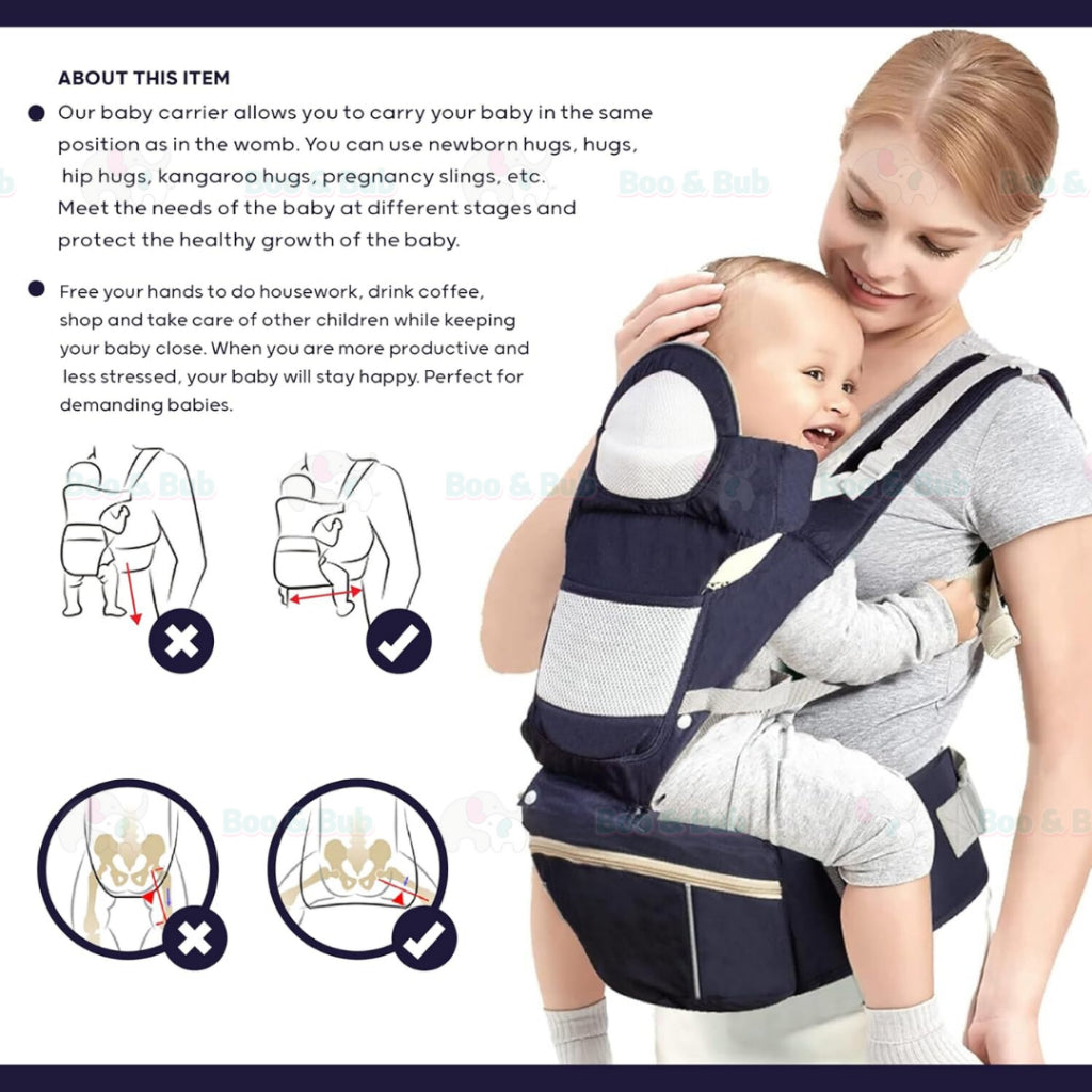 Ergonomic Baby Carrier | Newborn Infant Baby Hip seat Carrier 3 In 1 Front Facing Ergonomic Kangaroo Wrap Sling - Boo & Bub