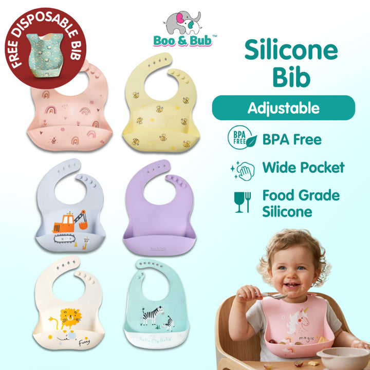 🐘Boo&Bub🐘 3D Cartoon Baby Silicone Waterproof Bib | Soft Bibs Baby Feeding Dinosaur Kids Girl Boy Adjustable Children
