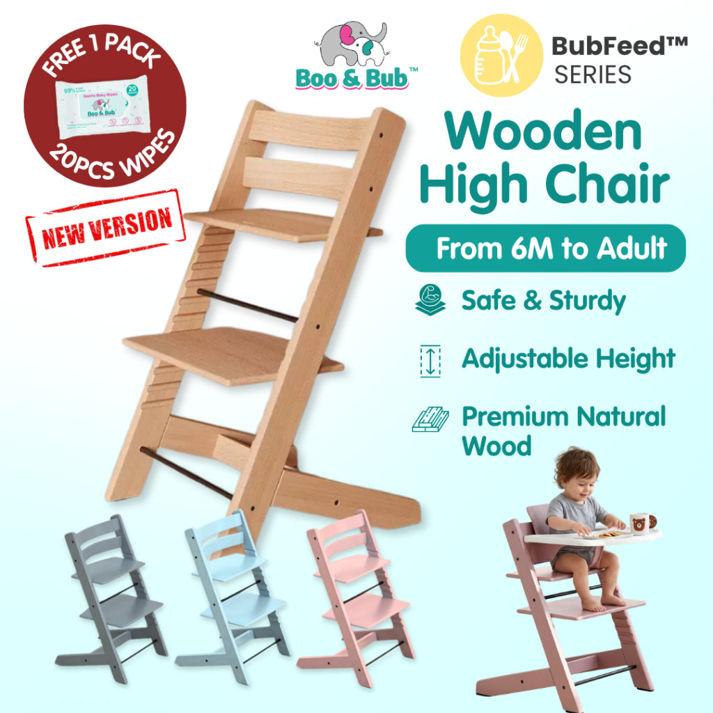 Nordic Design Wooden Children Baby High Chair | Height Adjustable Solid Wood Highchair for Kids Feeding Dining - Boo & Bub
