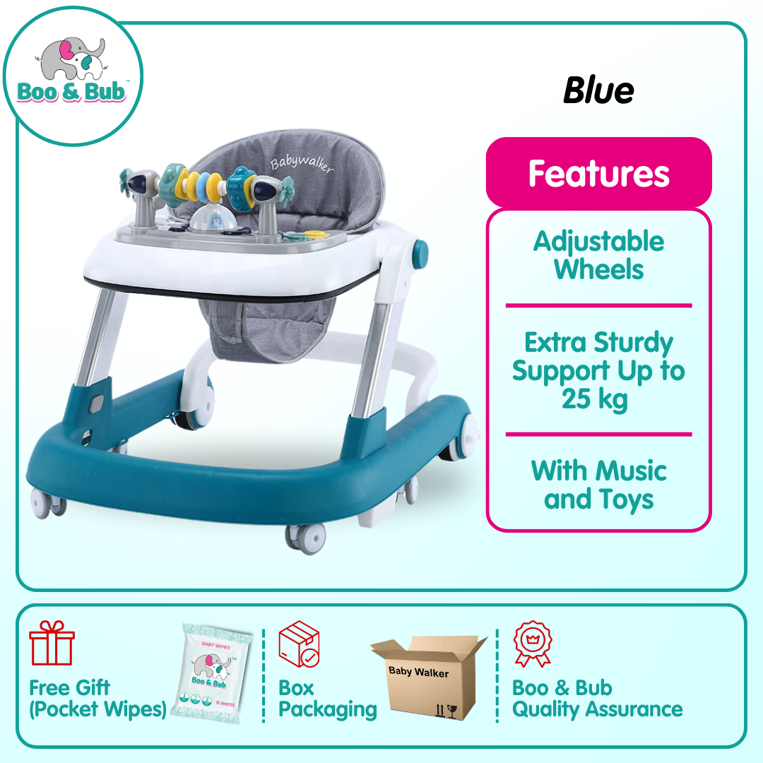 Boo&Bub 3in1 Baby Walker infant Learning Walking Car With Music Foldable Toddler Four Wheels Trolley Walk Assistance - Boo & Bub