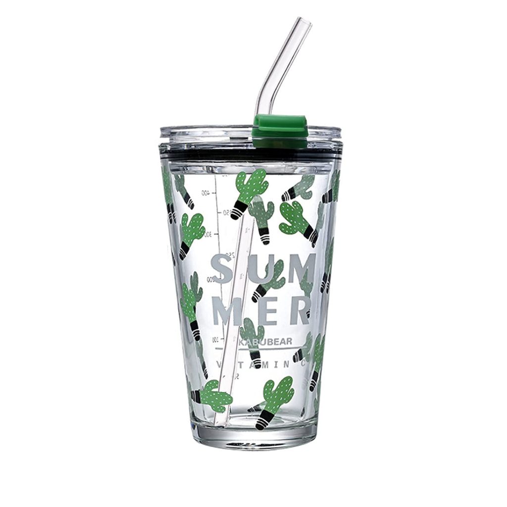 450ML Glass Cup | Juice Straw Mug with Scale Transparent Graffiti Style Kid Gift Portable Milk Drink Water Bottle - Boo & Bub