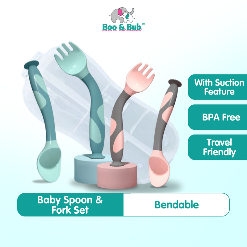 Flexible Baby spoon and fork set with travel case | Easy to hold utensils for toddler kid feeding dining set
