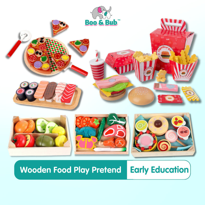 Boo&Bub Wooden Food Cooking Simulation | Tableware Children Kitchen Pretend Play Toy Fruit Vegetable Pizza Cutting