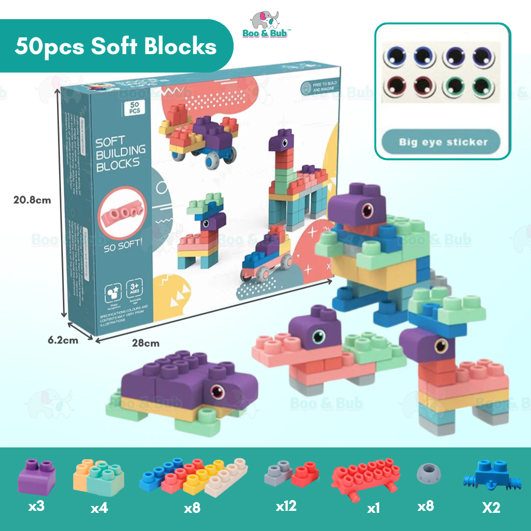 Baby 3D Soft Plastic Big Size Building Blocks | DIY Compatible Rubber Brick Early Educational Teethers Bricks - Boo & Bub