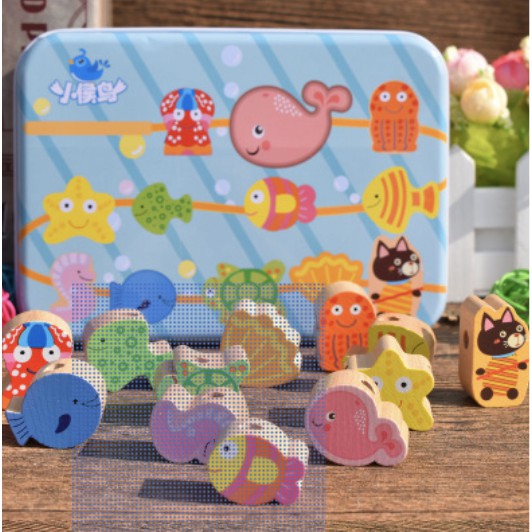 Baby Wooden Beads String with Metal Box | Toy Cartoon Fruit Animal toy Early Learning Educational Montessori