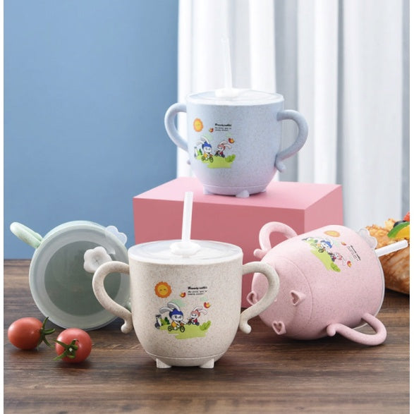 Boo&Bub Baby Training Wheat Straw water cup | Kid Feeding Training Milk Bottle double handles and lid leak-proof - Boo & Bub