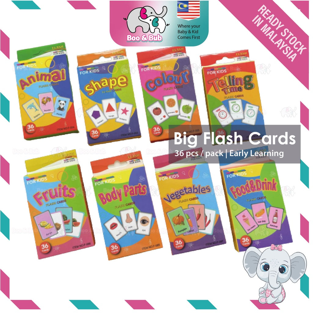 36pcs Double Side Big Flash Cards | Baby Children Cognition Body Parts Animal Fruits Flashcards Montessori - Boo & Bub