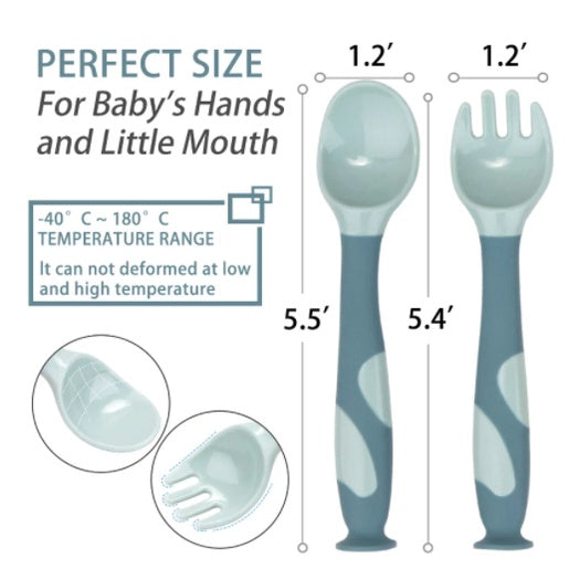 Flexible Baby spoon and fork set with travel case | Easy to hold utensils for toddler kid feeding dining set - Boo & Bub