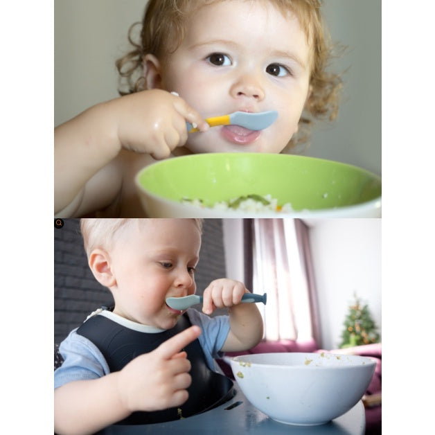 Flexible Baby spoon and fork set with travel case | Easy to hold utensils for toddler kid feeding dining set - Boo & Bub