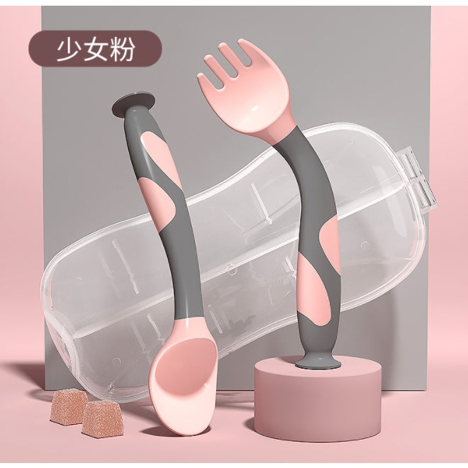 Flexible Baby spoon and fork set with travel case | Easy to hold utensils for toddler kid feeding dining set - Boo & Bub