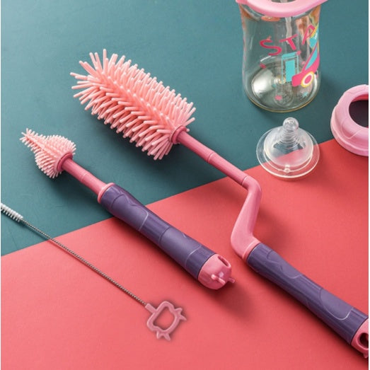 3 Pcs Baby Feeding Bottle Cleaning Brushes Set | Rotary Handle Milk Bottle Washing Nipple Cleaner Soft Silicone - Boo & Bub