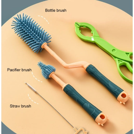 3 Pcs Baby Feeding Bottle Cleaning Brushes Set | Rotary Handle Milk Bottle Washing Nipple Cleaner Soft Silicone - Boo & Bub