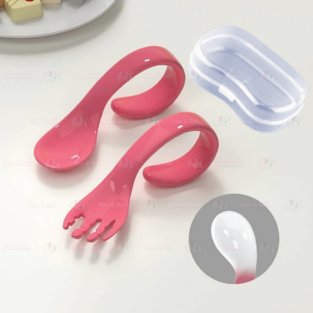 Boo&Bub Baby Curved Learning Fork Spoon (2pcs) Set with Casing Training Twisted Fork Spoon Toddler Tableware - Boo & Bub