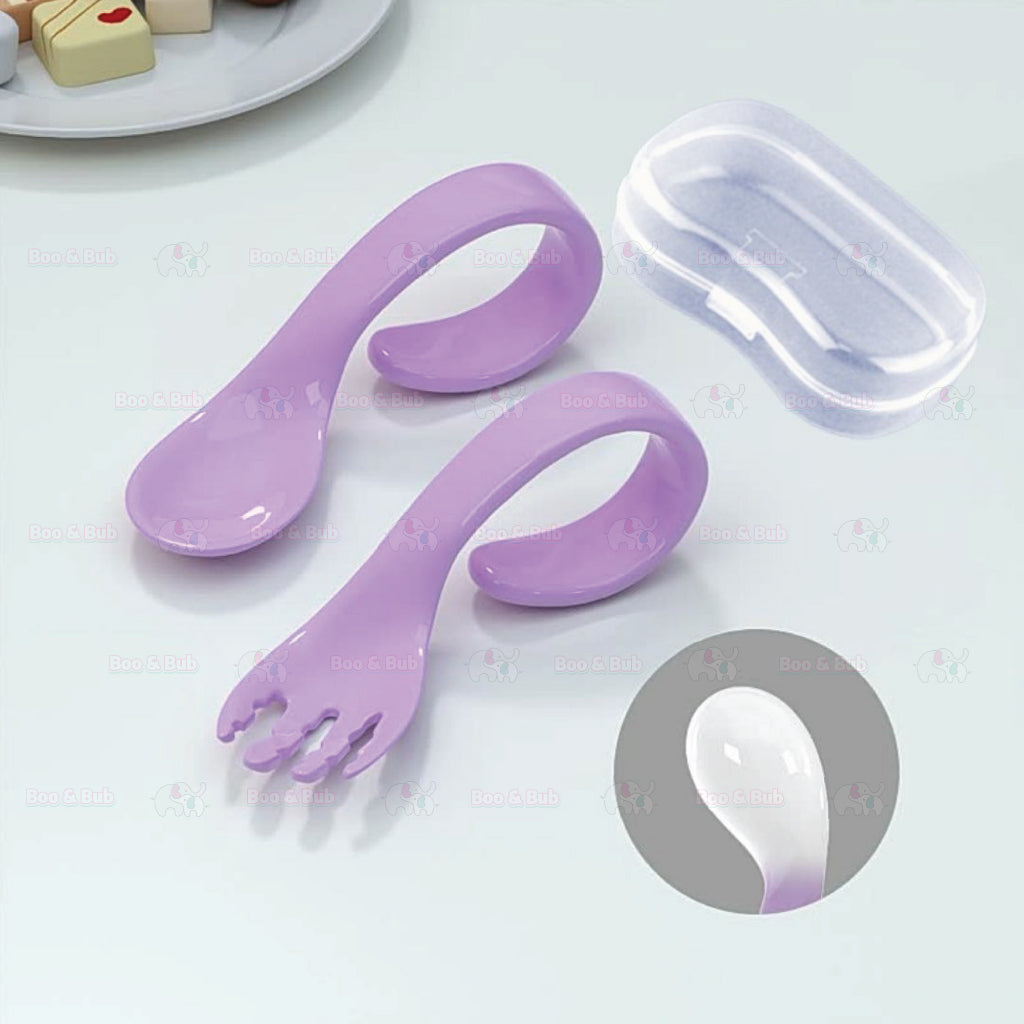 Boo&Bub Baby Curved Learning Fork Spoon (2pcs) Set with Casing Training Twisted Fork Spoon Toddler Tableware - Boo & Bub