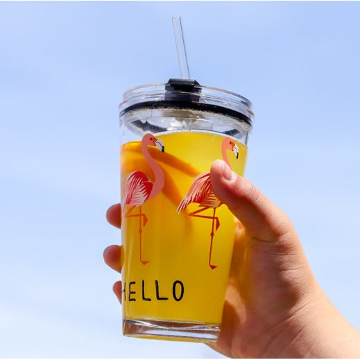 450ML Glass Cup | Juice Straw Mug with Scale Transparent Graffiti Style Kid Gift Portable Milk Drink Water Bottle - Boo & Bub