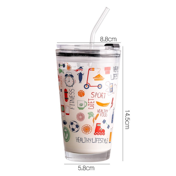 450ML Glass Cup | Juice Straw Mug with Scale Transparent Graffiti Style Kid Gift Portable Milk Drink Water Bottle - Boo & Bub
