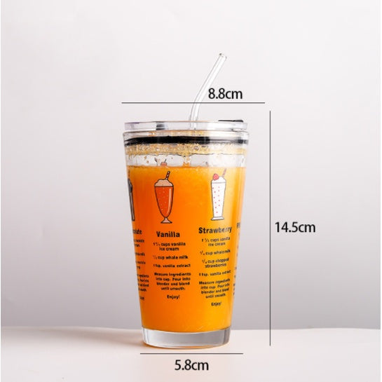 450ML Glass Cup | Juice Straw Mug with Scale Transparent Graffiti Style Kid Gift Portable Milk Drink Water Bottle - Boo & Bub