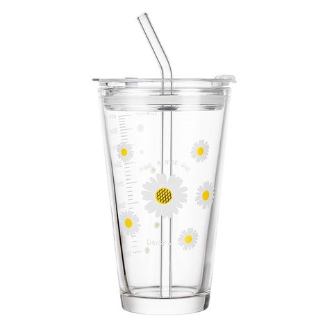 450ML Glass Cup | Juice Straw Mug with Scale Transparent Graffiti Style Kid Gift Portable Milk Drink Water Bottle - Boo & Bub
