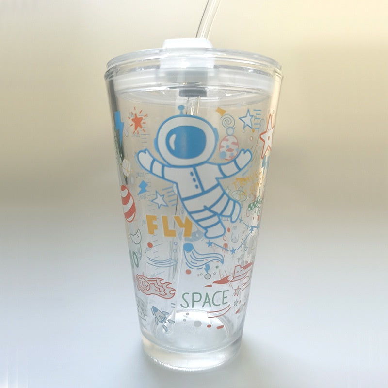 450ML Glass Cup | Juice Straw Mug with Scale Transparent Graffiti Style Kid Gift Portable Milk Drink Water Bottle - Boo & Bub