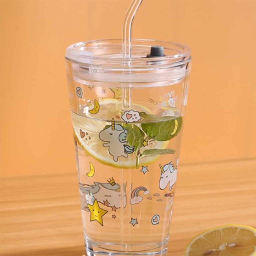 450ML Glass Cup | Juice Straw Mug with Scale Transparent Graffiti Style Kid Gift Portable Milk Drink Water Bottle - Boo & Bub