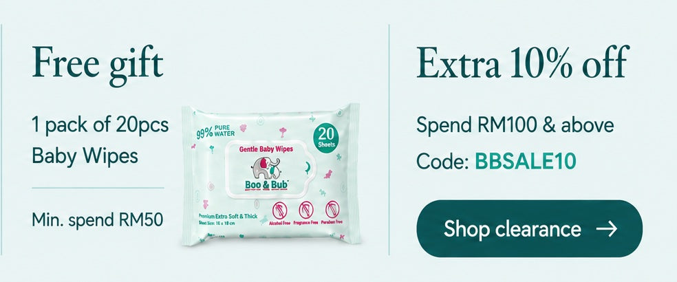 Clearance Sale, 1–31 October 2026. Free gift: 1 pack of 20pcs Baby Wipes with minimum spend RM50. Extra 10% off when you spend RM100 and above. Code BBSALE10. Shop clearance.